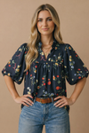 Notch Neck Floral Empire Waist Woven Top
