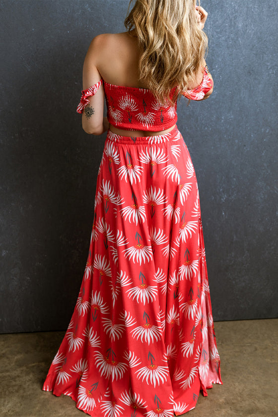 Two Piece Red Shirred Off Shoulder Crop Top and Slit Maxi Skirt