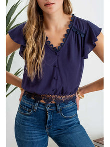  Scallop Lace Trim Back Tie Short Sleeve Crop Top - Navy