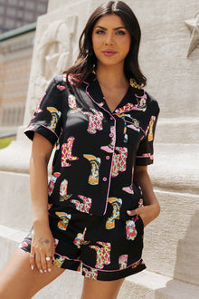  Black Western Boots Printed Short Pajama Set
