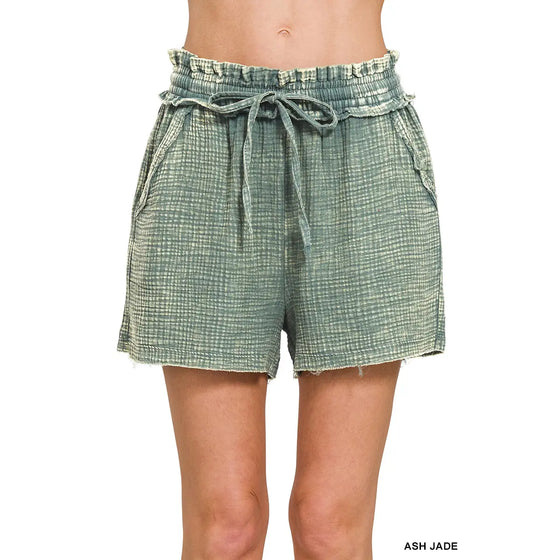 Washed Double Gauze Frayed Hem Drawstring Shorts - Ash Jade