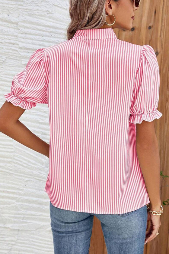 Pink Stripe Short Puff Sleeve Blouse
