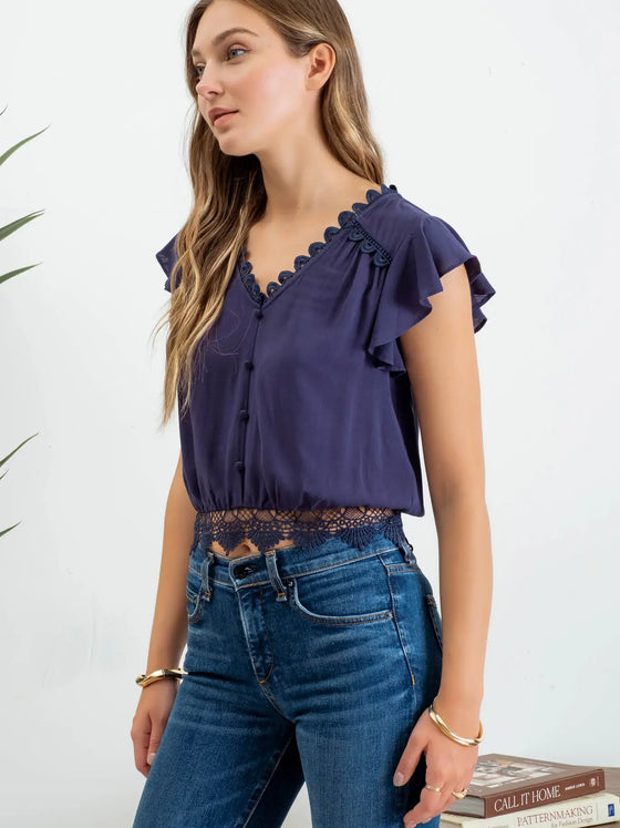 Scallop Lace Trim Back Tie Short Sleeve Crop Top - Navy