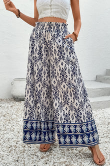  Blue Boho Pattern Print High Waist Wide Leg