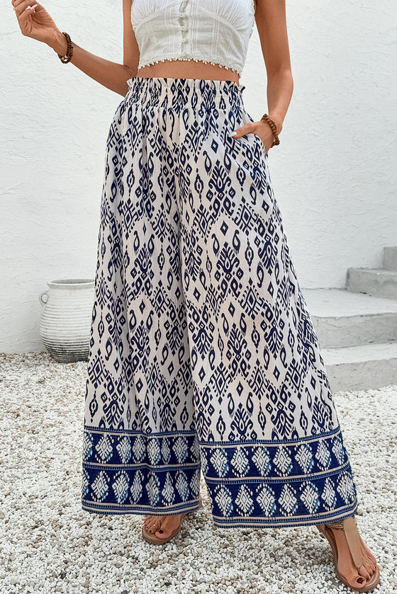 Blue Boho Pattern Print High Waist Wide Leg
