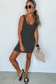  Black Stripe Ribbed Knit Sleeveless Mini Dress