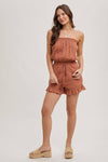 SMOCKED TUBE TOP RUFFLED HEM DRAWSTRING ROMPER