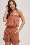 SMOCKED TUBE TOP RUFFLED HEM DRAWSTRING ROMPER