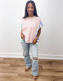  Stripe Mixed Loose Fit Top With Slit Detail